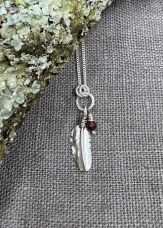 Tiny Wren Feather & Garnet Pendant